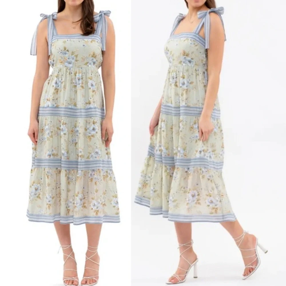 SOLD Floral Cottagecore Prairie Tiered Maxi Dress Size Large Tie Shoulders Boho - Picture 4 of 14